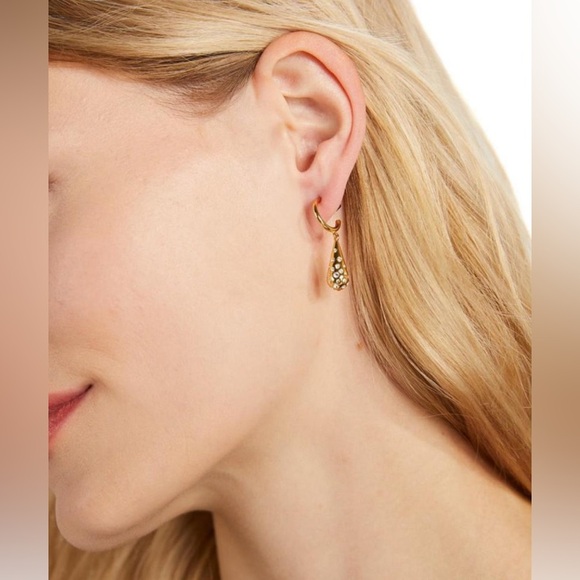 Kate Spade Rain Drop/Tear-Shape Gold-Tone Pavé Charm Huggie Hoop Earrings - Picture 2 of 3